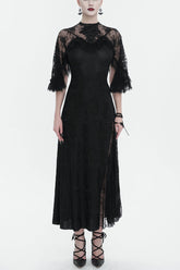 Black Stretch Printed Knit Panel Lace High Slit Asymmetric Women's Gothic Dress